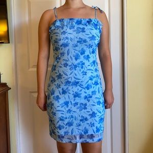 90s baby blue tropical print dress with ruffle detail and tie straps, size M
